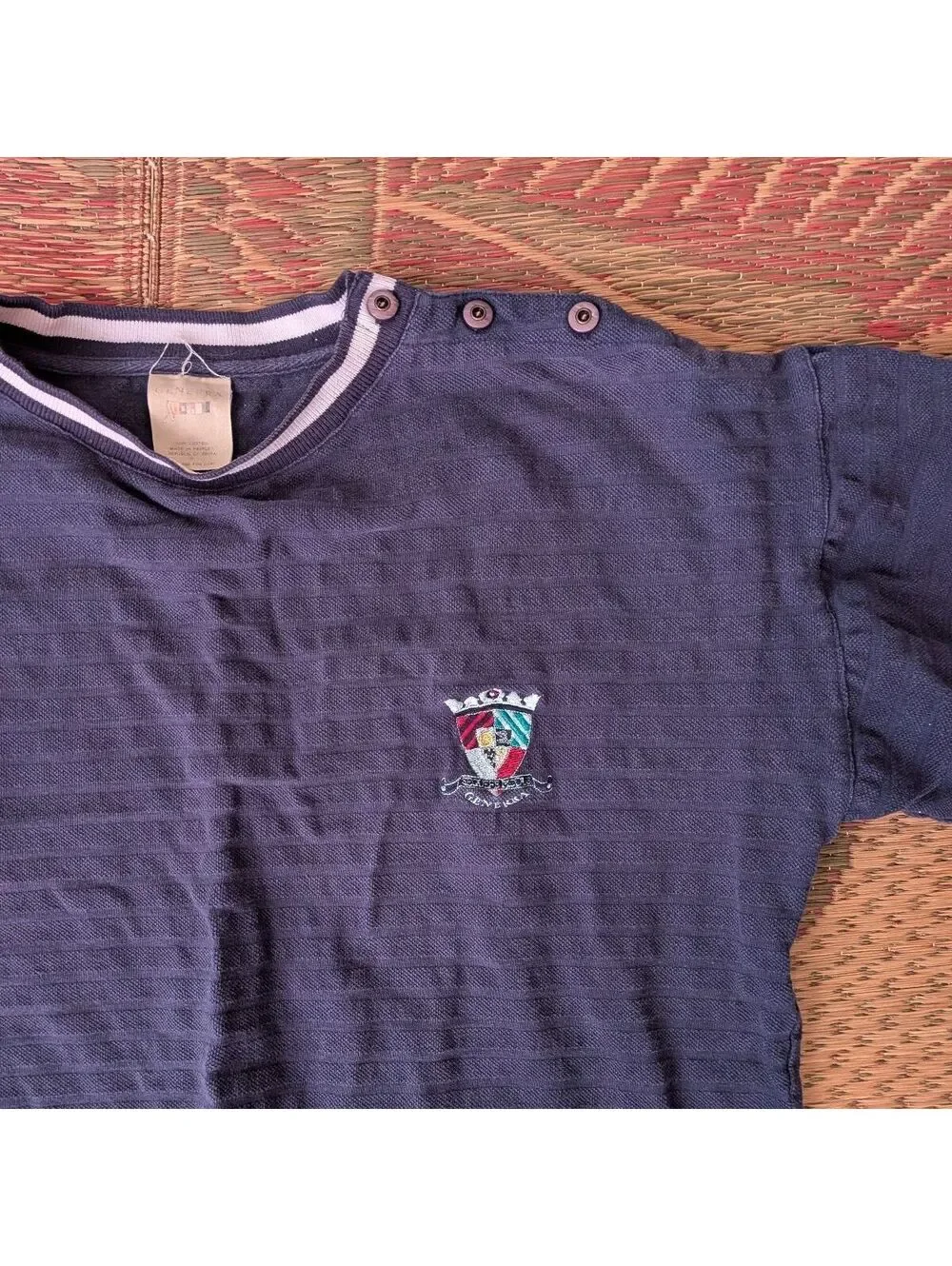 1980s Generra Ribbed Knit Henley Crest Sweater Vintage Navy Size M - Picture 5 of 7